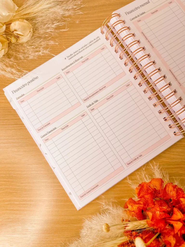 Planner aberto com páginas de planeamento semanal